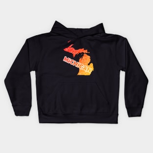 Colorful mandala art map of Michigan with text in red and orange Kids Hoodie